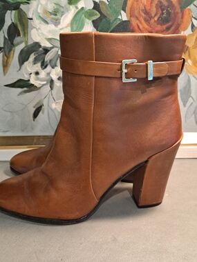 Kate Spade NY Brandi Cognac Brown Calf Leather Sleek Ankle Booties Buckle Detail